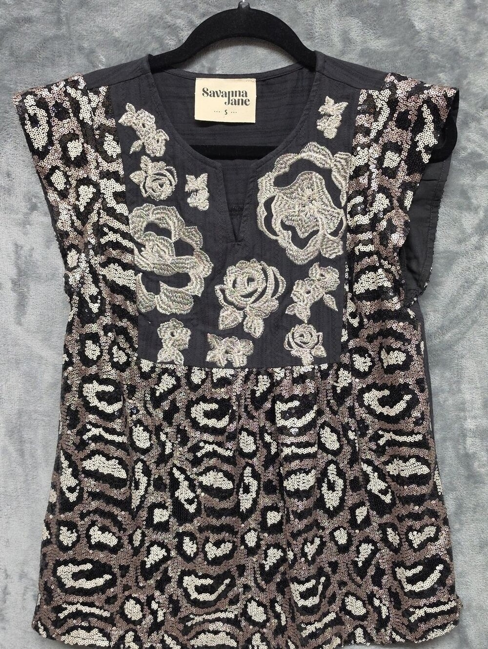 Savanna Jane Black Top with Silver Sequin Floral & Animal Embroidery
